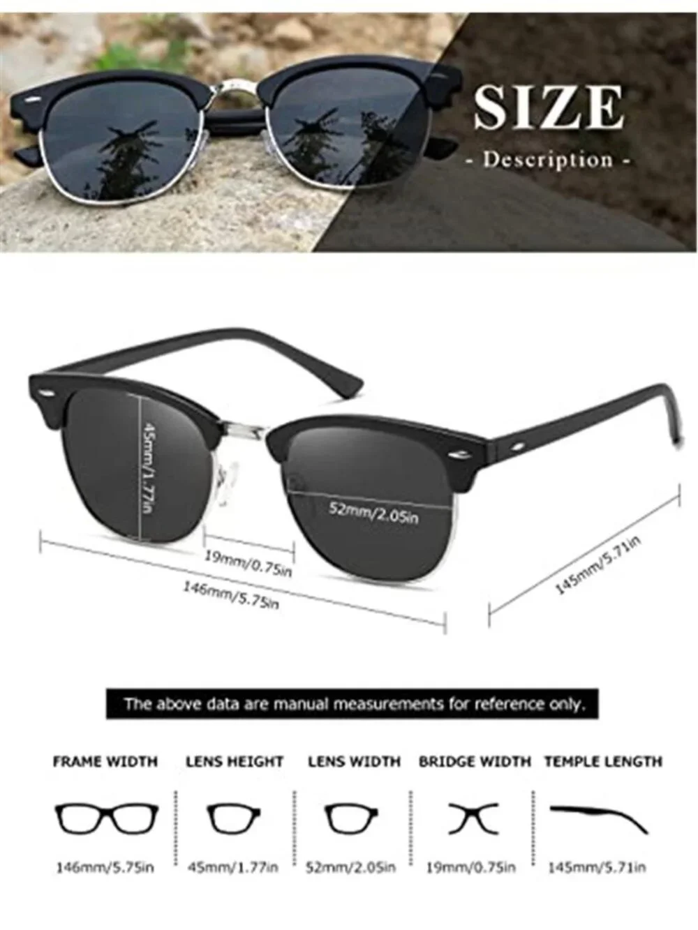 Black Polarized Sunglasses Unisex Retro Semi Rimless UV400 Classic Shades